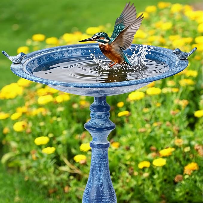 Newtay 27.25" Ornate Metal Pedestal Style Birdbath with Cast Iron Vintage Birds Baths for Outdoors on Rim Full Base Standing Bird Bath Tray for Garden Yard Decoration Not Easy to Rust (Blue)