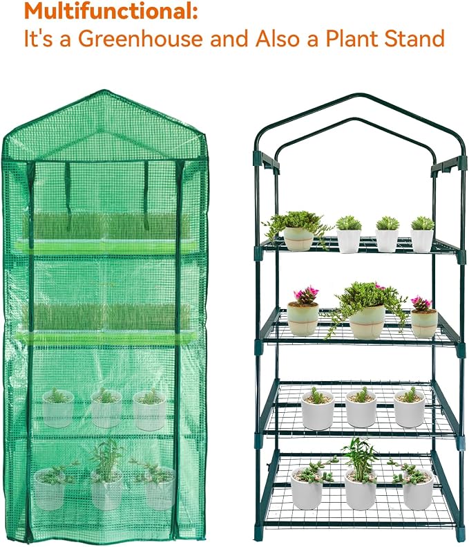 Mini Greenhouse for Outdoor Indoor,4 Tier Small Portable Green Houses with Improved PE Cover,Roll-up Zipper Warm House,Grow House for Seedling and Plant Growing (64x27x20inch),Green