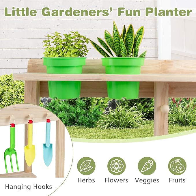 Costzon Mud Kitchen, Solid Wood Potting Bench w/2 Flowerpots, Blackboard, Sink, 2 Stoves, Outdoor Pretend Play Set for Toddlers 3+ Years, Mud Kitchen for Kids Outdoor, Gift for Girls & Boys