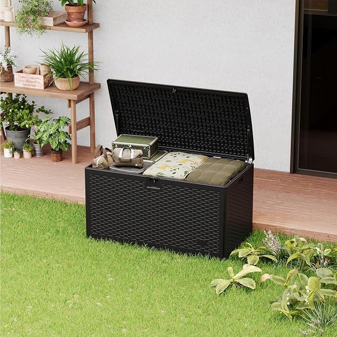 120 Gallons Outdoor Storage Box, Lockable Resin Deck Box for Outside Patio Furniture Cushion, Pool Supply, with Hydraulic Hinge, UV-Resistant and Weatherproof, Rattan Black