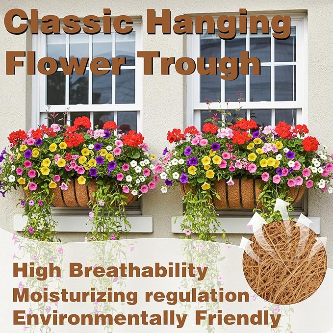 2 Pcs 36“ Railing Planter Window Box Deck Railing Planter Boxes with Coco Liner English Horse Trough Planters Metal Wall-Mounted Planters Basket for Outdoor Balcony Porch Fence Patio Rail