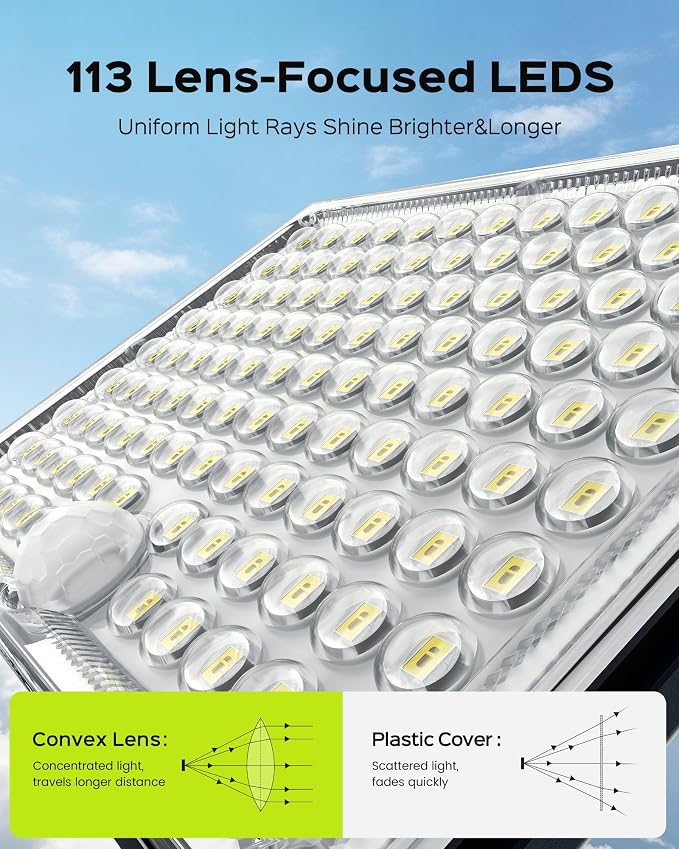 JACKYLED Solar Lights Outdoor Waterproof, Motion Sensor Flood Light 113 LED Bright Cool White Dusk to Dawn Solar Powered Outdoor Lights for Backyard Porch Garden Patio Garage (3 Pack)