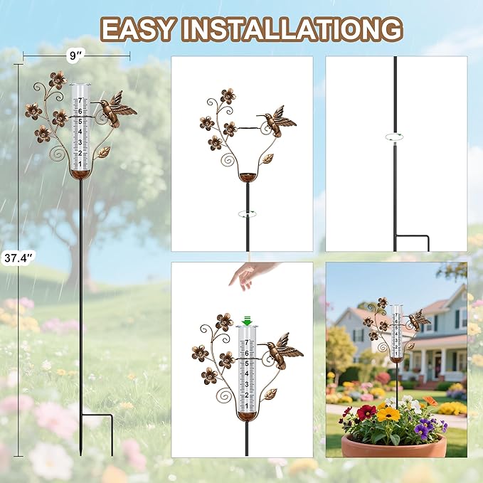shumi Rain Gauge Outdoor - 7 Inch Rain Gauges for Measuring, Bronze Hummingbird Decorative Rain Gauges Feezeproof, Metal Flower Water Gauge for Garden Yard Decor, Gardening Gifts for Women