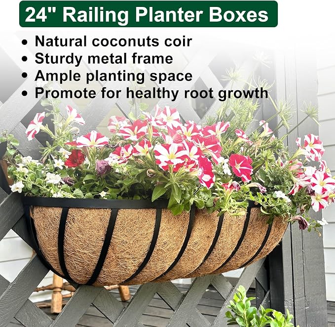 DUNCHATY 24 Inch Railing Planter 2 Pack - Adjustable Metal Window Box Planter with Coco Liner for Deck Balcony Porch Fence - Outdoor Hanging Flower Basket for Herbs & Flowers