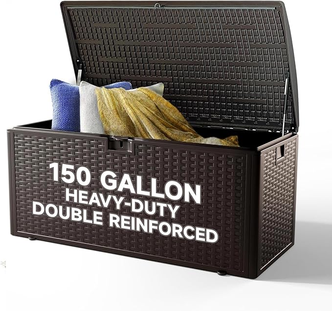 150 Gallon All-Weather Deck Box, Lockable Waterproof Resin Storage with UV Resistance for Patio Furniture, Garden Tools, Pool Accessories (Brown)