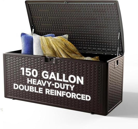 150 Gallon All-Weather Deck Box, Lockable Waterproof Resin Storage with UV Resistance for Patio Furniture, Garden Tools, Pool Accessories (Brown)