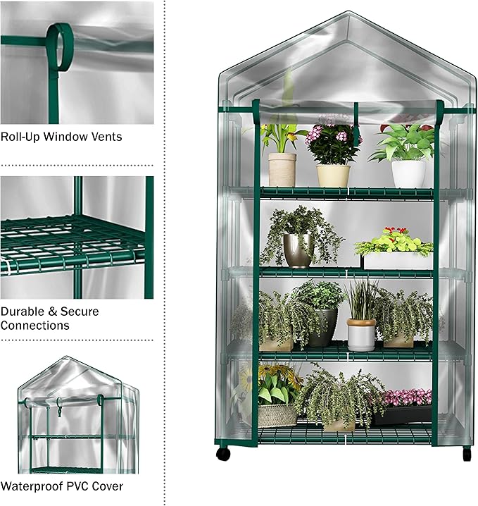 4 Tier Mini Greenhouse - Portable Greenhouse with Locking Wheels and PVC Cover for Indoor or Outdoor Green House by Pure Garden
