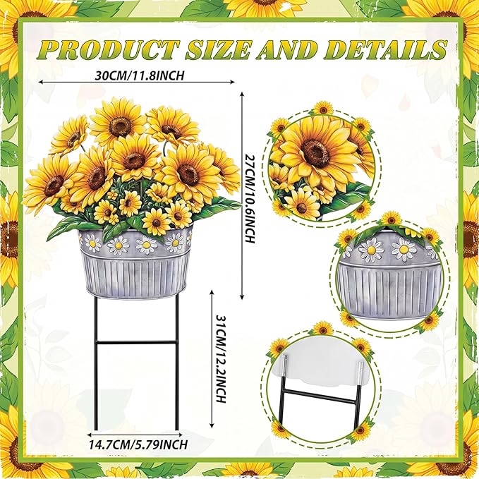 Amyhill Summer Sunflower Outdoor Decoration Metal Garden Stakes 23 Inch Sunflower Welcome Yard Sign Decoration Summer Decorative Garden Stake for Home Outside Lawn Patio Walkway Backyard Porch Decor