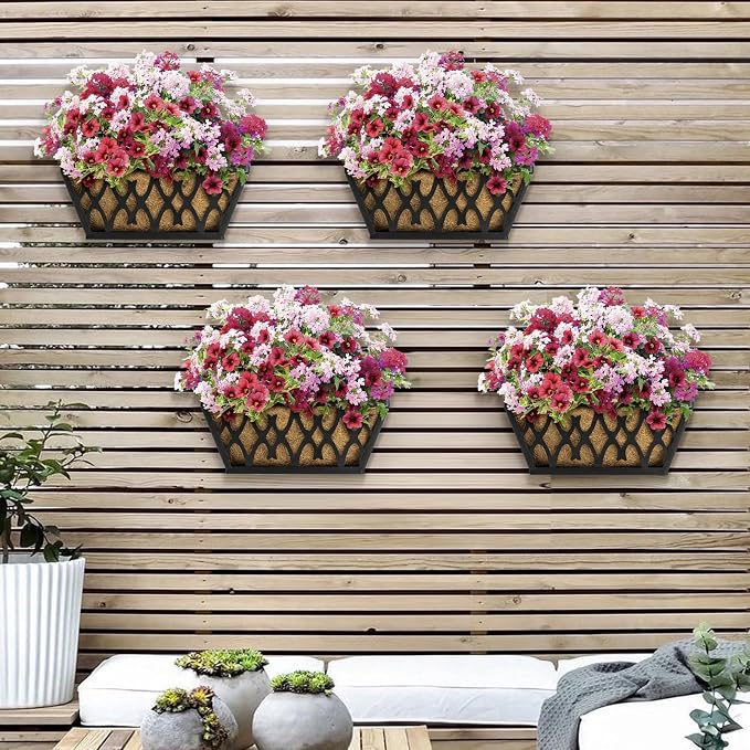 4 Pack 16 Inch Window Boxes Planters Railing Planter Box with Coco Liners Deck Railing Planter Boxes Balcony Hanging Flower Box for Outdoor Plants Garden Decor