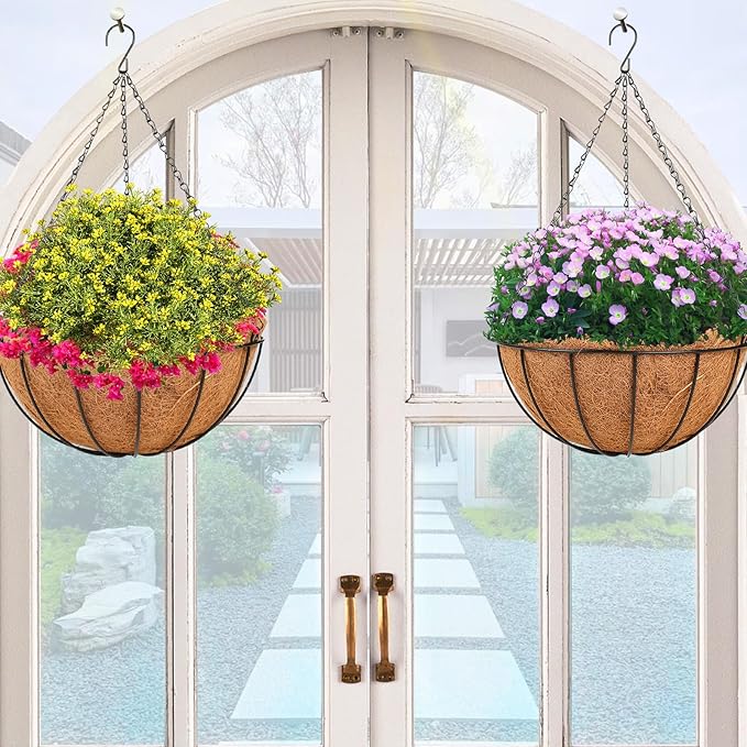 HKZ Hanging Basket Planter Plants Outdoor - 2 Pack 12 Inch Metal Hanging Planter with Coco Liners, Chain Hook Hanging Flower Pots for Indoor Outdoor Garden Porch Decoration