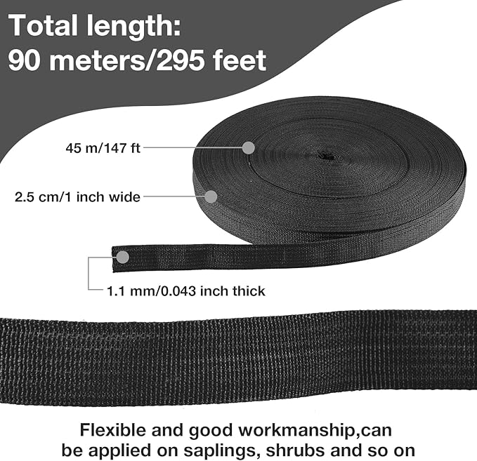 Shappy Tree Tie Strap Garden Webbing Strap Garden Plant Supports Tree Tie Staking and Guying for Outdoor Use, Plant Supports, Grafting, Straightening Supplies(Black,295 Feet x 1 Inch)