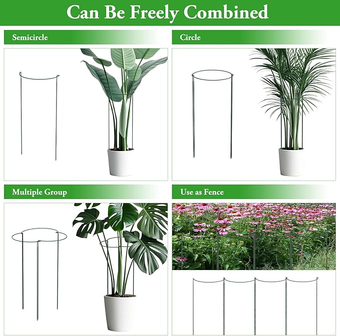 Unves 6 Pack Peony Cage, 32" H x 13" W Half Round Ring Metal Plant Support Stakes, Heavy Duty Peony Cages and Supports for Indoor Outdoor Plants, Vegetables and Flowers with Clips, Ties and Gloves