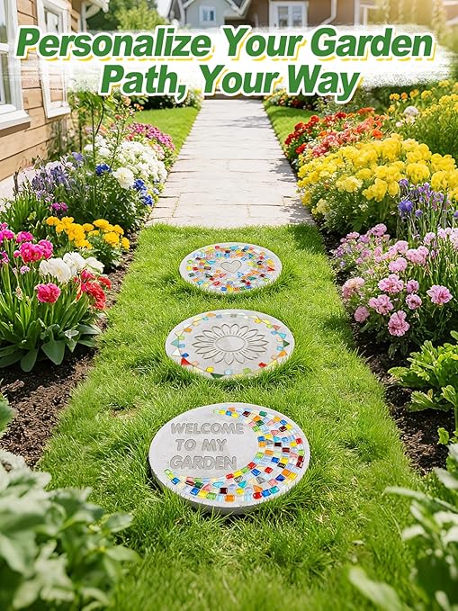 All-in-One 10in Stepping Stone Kit - Includes Cement Mix, Concrete & Letter Molds, Mosaics, Carving Tools, Gloves & Mat, Make Your Own Stepping Stones Outdoor for Garden Walkway Mother's Day