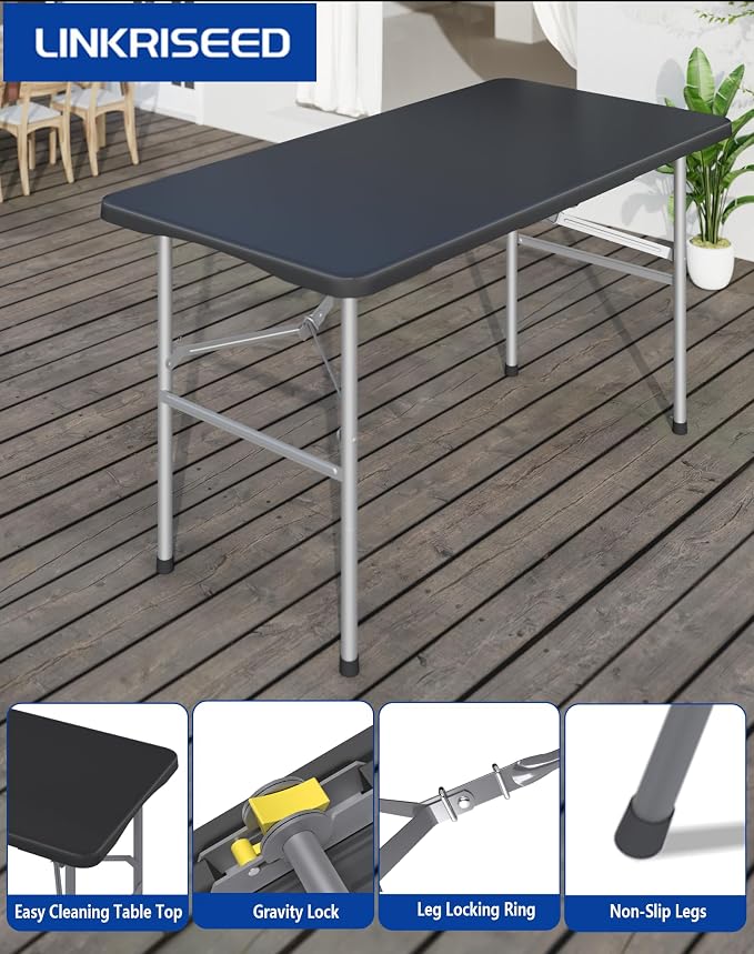 4FT Folding Tables – Heavy Duty Portable Foldable Picnic Table with Built-in Handle, 450 lb Capacity – Ideal for Events, Parties, Crafts, Camping & Dining (6-Pack, Black)