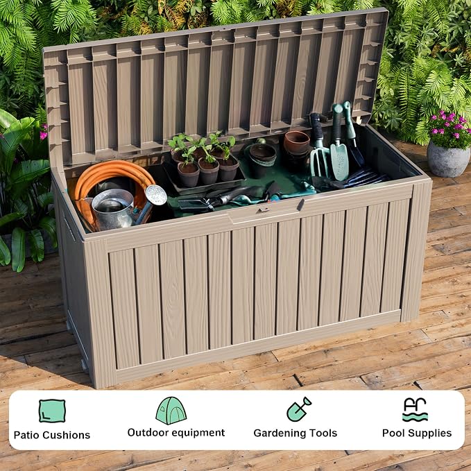 90 Gallon Outdoor Storage Box Waterproof, Resin Lockable Deck Box with Lid, Large Capacity Weatherproof Container for Patio Furniture Pool Accessories, Side Table and Cushions(Grey, 90 Gallon)