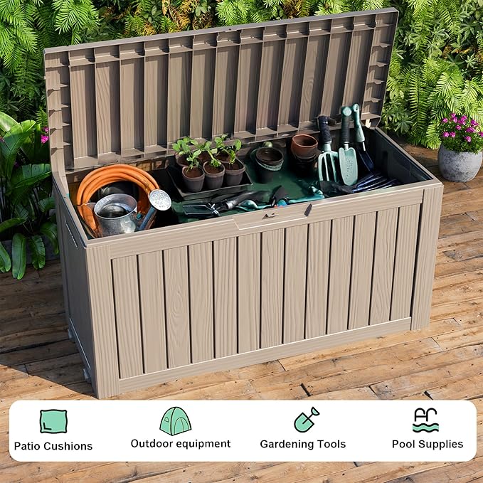 EasyUp 92 Gallon Reinforced Resin Deck Box – Waterproof & UV-Resistant Outdoor Storage, Large Capacity Patio Storage Bin for Furniture Cushions, Throw Pillows, Garden Tools, Pool Floats, Gray