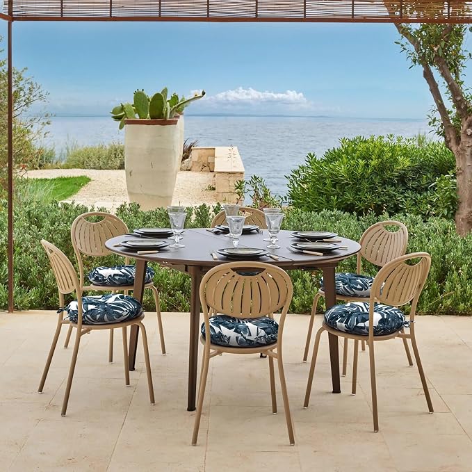 DYTXIII Set of 2 Outdoor Round Chair Cushions 15"x15"x4" with Ties, Water Repellent Tufted Bistro Seat Cushions, Thick Patio Chair Pads for Bar Stool, Garden & Dining Furniture - Palm Blue