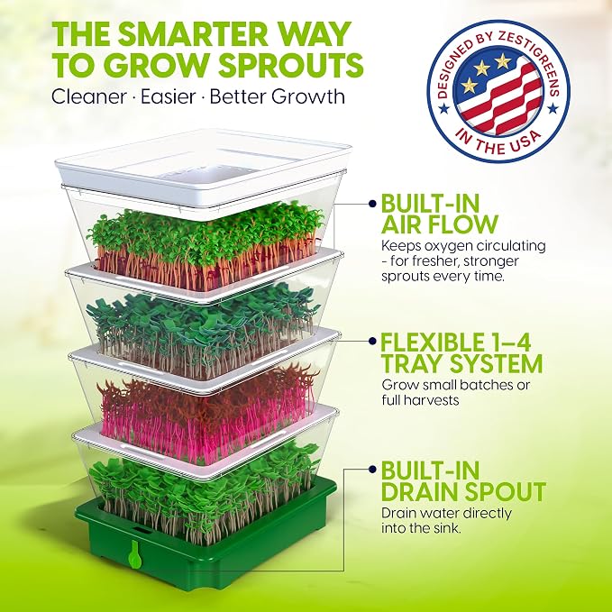 ZESTIGREENS 4-Tier Sprouting Kit - Stackable Seed Sprouter Trays with Drain Spout - Grow Fresh Sprouts at Home - BPA-Free