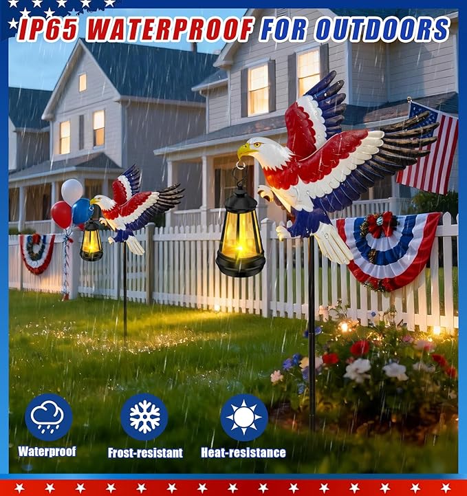 250th Anniversary 2 Packs USA Eagle with Solar Lights Patriotic Memorial Day Decor,29.9in Eagle Metal Garden Stakes 4th of July Decorations Outdoor Memorial Day,Independence Day Gifts for Yard Patio