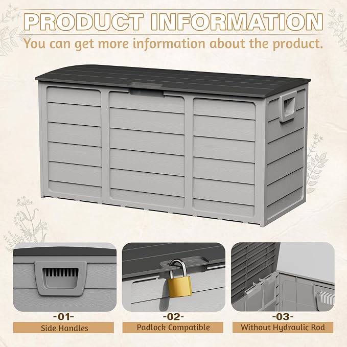 75 Gallon Outdoor Deck Storage Box, Heavy Duty Resin with Lockable Lid, UV Resistant for Patio Furniture, Garden Tools(Grey)