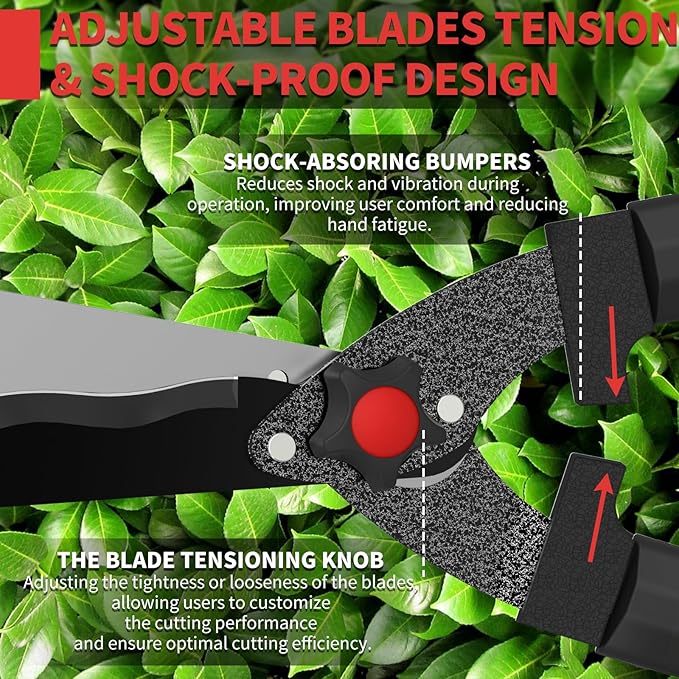 GARTOL 23-Inch Hedge Shears, Manual Garden Clippers with 9" High Carbon Steel Wavy Blade, Heavy Duty Bush Trimmers with Shock-Absorbing Bumpers & Adjustable Tension, Easy-Grip Handles
