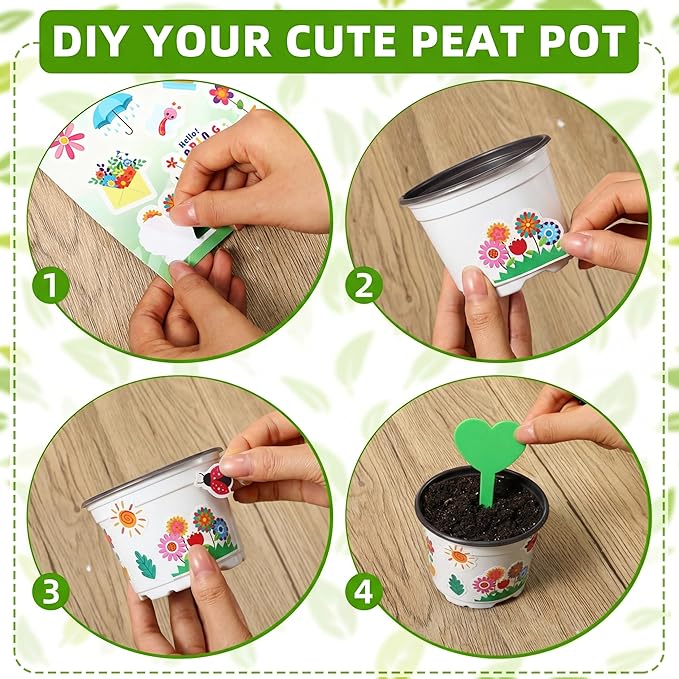 100 Sets Garden Pot Craft Kit, Flower Plant Spring Craft Including Plastic Nursery Plant Pots Labels Tags Stickers for DIY Flower Planting Growing Birthday Arts Kit (Simple)