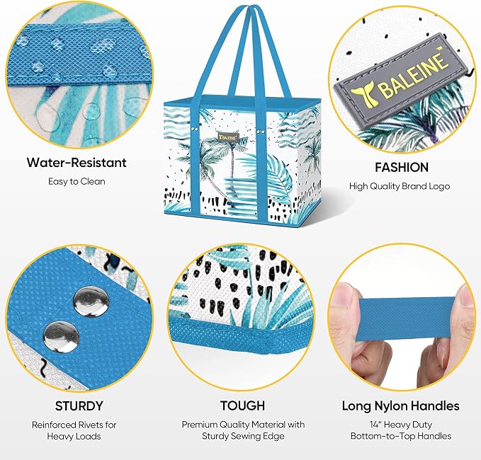 BALEINE 6Pk Reusable Grocery Bags, Foldable Shopping Bags for Groceries with Reinforced Bottom & Handles (Island Breeze)