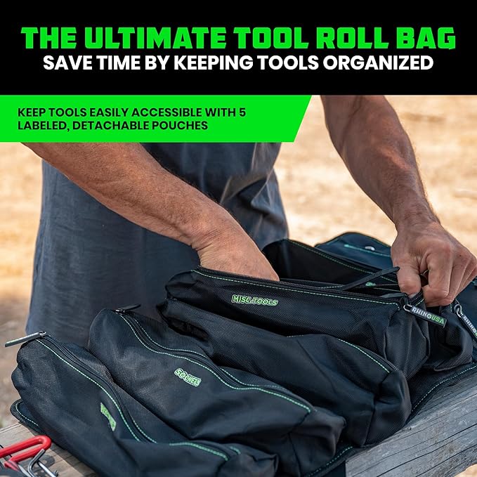 Rhino USA Tool Bag Roll - Heavy Duty Canvas Organizer Pouch for Tools - Ultimate Travel Tool Storage Kit for UTV, Car, Truck, 4x4 Offroad - Upgraded with Labeled & Removable Pouches - Secured for Life