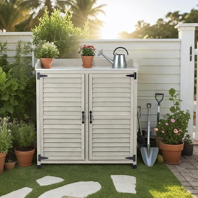 Outdoor Potting Bench with Metal Work Top,Waterproof Garden Storage Cabinet,Wooden Tool Station Shed for Backyard,Patio,Lawn Gardening