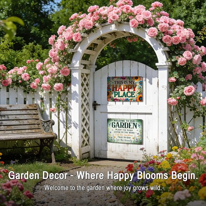 Garden Decor Welcome Sign for Patio She Shed Decor - Outdoor Wall Decor Art Garden Signs, This Is My Happy Place Welcome Door Sign 12x8 Inch
