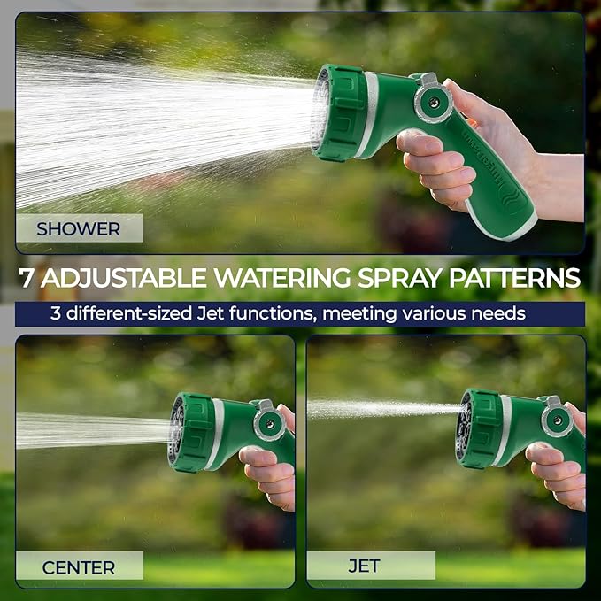 HugeDawn Garden Hose Nozzle with 7 Spray Patterns, Heavy Duty Metal Sprayer 30% Greater Water Flow for Watering, Car Wash, Outdoor Cleaning (Green)