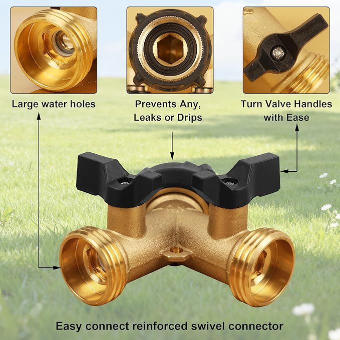 Biswing Garden Hose Splitter 2 Way, Heavy Duty Brass Connector Tap Splitter, Y Splitter 2 Valves with 2 Extra Rubber Washers