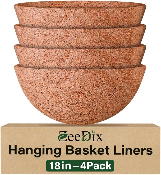 ZeeDix 4 Pack 18 Inch Coco Liners for Hanging Baskets, Round Coconut Liners for Planters Natural Coco Coir Fiber Replacement Liner for Flowers Vegetables Patio Porch Garden Decor