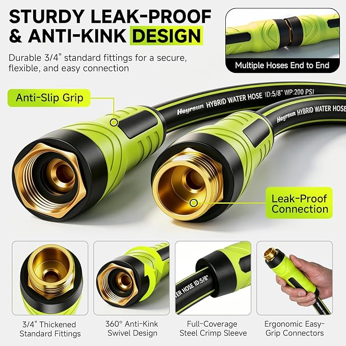 Garden Hose 75ft x 5/8", NON-EXPANDABLE Water Hose Heavy Duty, Flexible, Lightweight, Kink Resistant & Outside Hybrid Hose, Male to Female Fittings