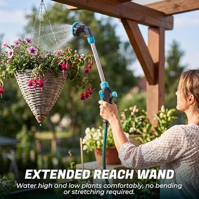 Hushee 2 Pack Garden Hose Watering Wand, 17.7 Inch Metal Watering Wand with 10 Spray Patterns and Shut Off Valve, Hose Sprayer Nozzle for Hanging Baskets Shrubs Plants Garden Lawn(Blue)