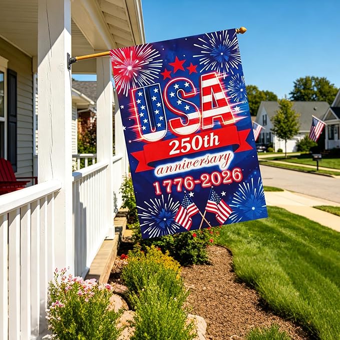 250 Anniversary Usa Garden Flags for Outside, 250 Anniversary USA Flag 1776-2026 Commemorative Patriotic Yard Sign Outdoor Firework Design Banner 4th of July Decorations Double Sided Waterproof 250 Year American Flag 28x40 Inch