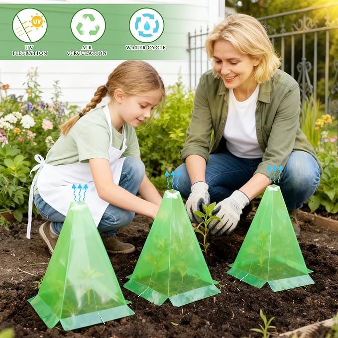 Garden Cloches, 30 Pack Plastic Small Plant Seedling Protector, Reusable Green Clear Bell Covers with 60p Ground Securing Peg, 7.8" x 11" Green Mini Greenhouse to Protect Plants from Birds, Slugs, Sun