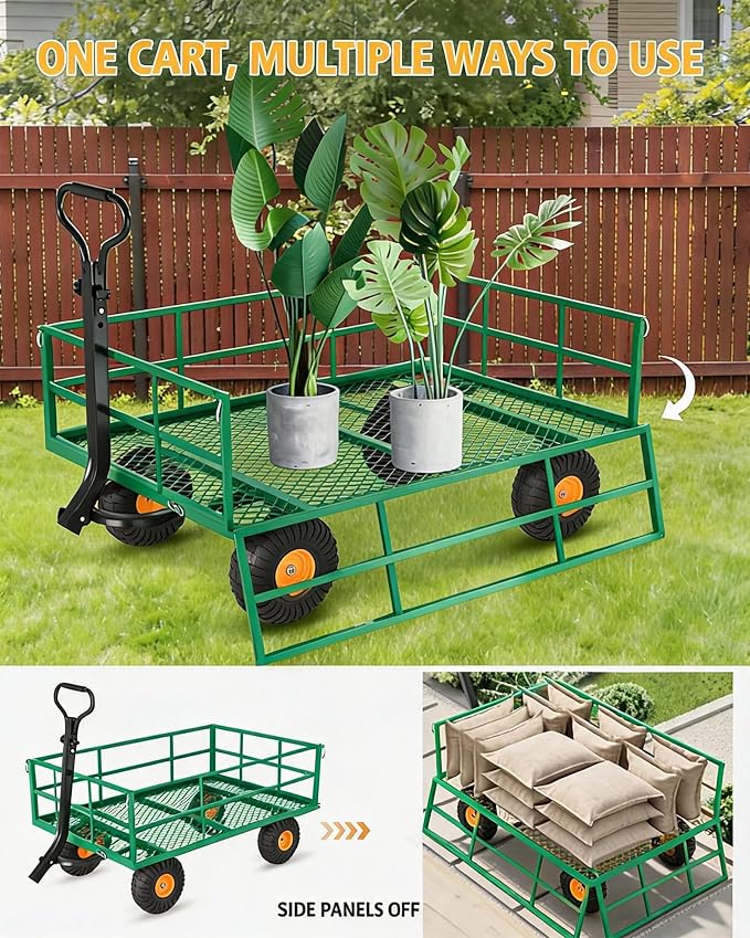 Heavy Duty Steel Garden Cart for Gardening Soil, Tools, and Plant Transport