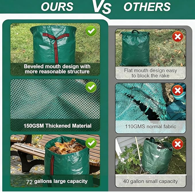Reusable Lawn Bags,Collapsible Leaf Collector,72 Gallon Yard Waste Bags,Extra Large Leaf Dustpan Type Garden Bags For Leaves,Grass,Clippings,Debris