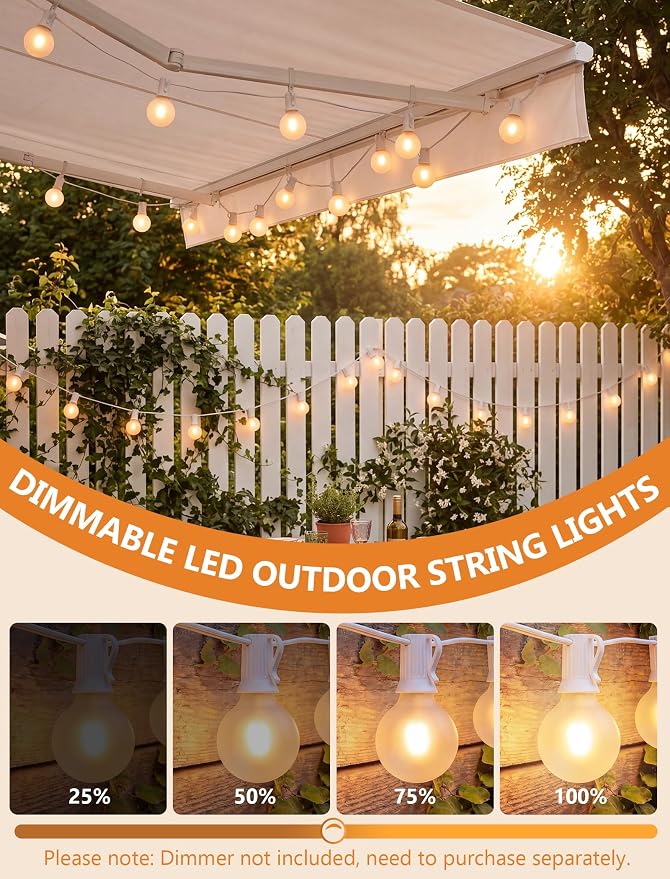 25Ft G40 LED Frosted White String Lights Outdoor with 27 Shatterproof Globe Bulbs Patio Lights White Wire, Waterproof Hanging Bistro Lights for Wedding Party Backyard Garden Porch Christmas Decor