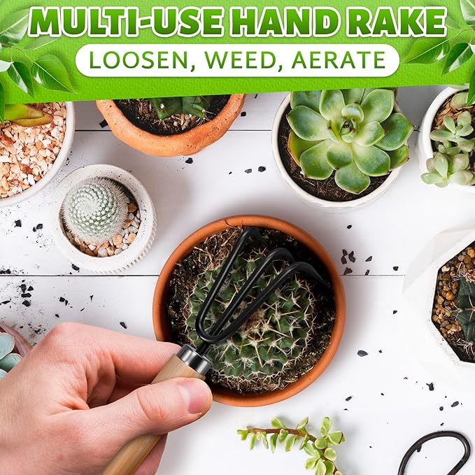 3 Pcs Mini Gardening Tools – Mini Garden Tools Set with Narrow Shovel, Wide Shovel & Hand Rake, Rustproof Metal Build, Ergonomic Wooden Handles – Potting & Transplanting Kit for Indoor Plant Care
