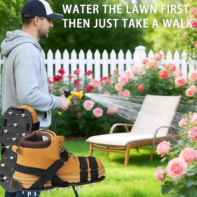 Lawn Aerator Shoes with 2.2'' Heavy Duty Spikes & Metal Shovel & Garden Gloves, Adjustable Hook & Loop Straps, One Size Fits All, Epoxy Shoes for Yard Garden Soil Aeration Tool