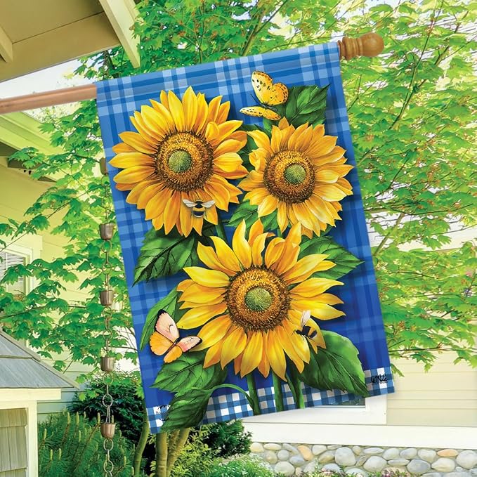 Blue Sunflowers Summer House Flag Plaid Floral 28" x 40" Briarwood Lane