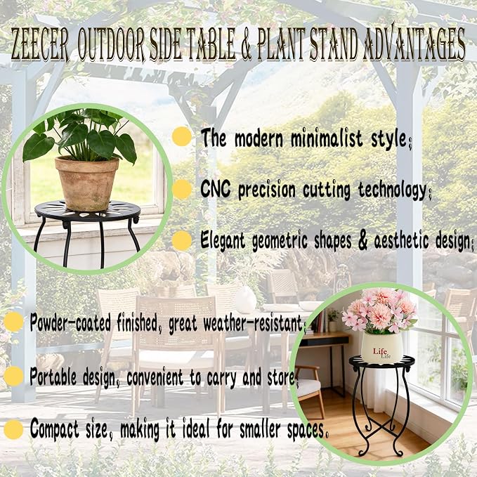 MINI Outdoor Side Tables, 10" Round 15" Tall Patio Side Table Plant Stand, Set of 1 Metal Small Round Side Table for Patio Yard Porch Balcony Garden Bedside Indoor Outdoor Use