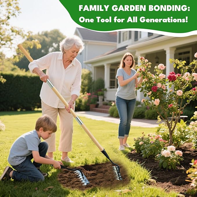 Iron Weeding Rake with Long Handle 2.0, Upgraded 8 Teeths Garden Weed Puller Tool Heavy Duty Gardening Tool for Lawn, Flower Beds & Soil Aeration