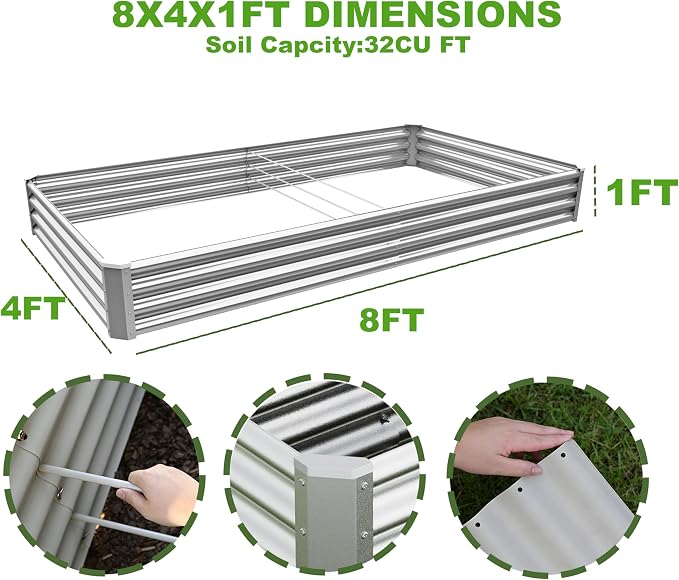 8x4x1ft (2 Pack) Raised Garden Bed Kit, Galvanized Planter Box Outdoor, Metal Raised Garden Beds for Flower,Vegetables, Herb,Sliver