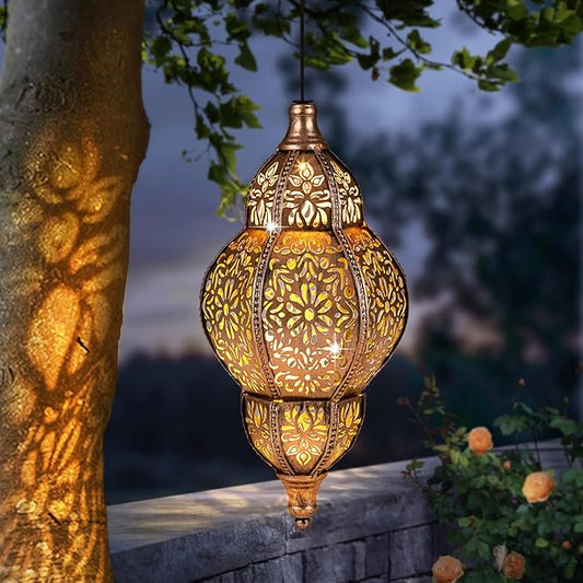 Hanging Solar Lantern Outdoor Decor, Moroccan Solar Lights for Outside Garden Decorations, Waterproof Solar Lanterns Garden Gifts for Mom, Women, Patio, Yard Ornament (Coppers)