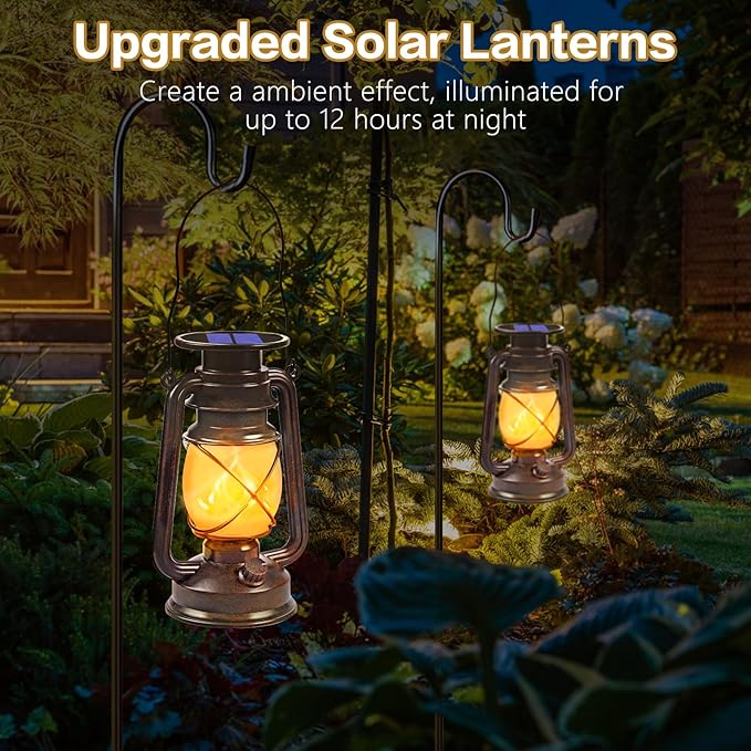 Solar Lanterns Outdoor Waterproof 4 Pack Bronze Vintage Lanterns with Dancing Flame Led Hanging Lights Decor,Lamps for Porch Garden Yard Pathway Camping