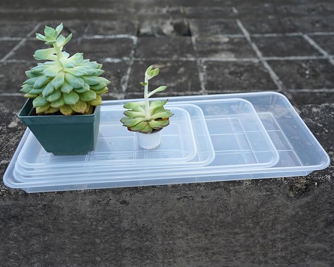 VUWEZ 2 Pack Plastic Plant Saucer, Rectangular, Indoors Outdoor, Water Drip Tray for Flower Pot, Windowsill (5.5 x 10 Inch, Clear)