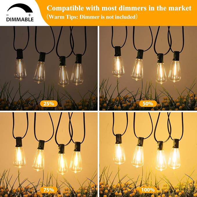 Brightever 50FT Outdoor String Lights Waterproof, 2700K Bright LED Patio Lights with 27 ST38 Shatterproof Vintage Bulbs, Retro Edison String Lights for Outside, Garden, Christmas Decor, Green Wire